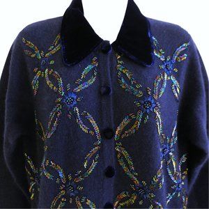 ANGoRa WooL Talbots Iridescent Beaded Soft Navy Cardigan Velvet Buttons Collar M